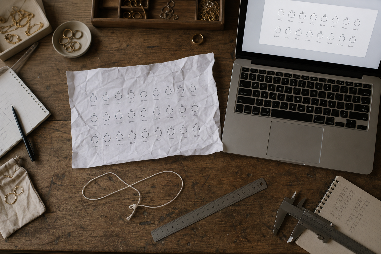 Printed ring size chart and measuring tools on a desk