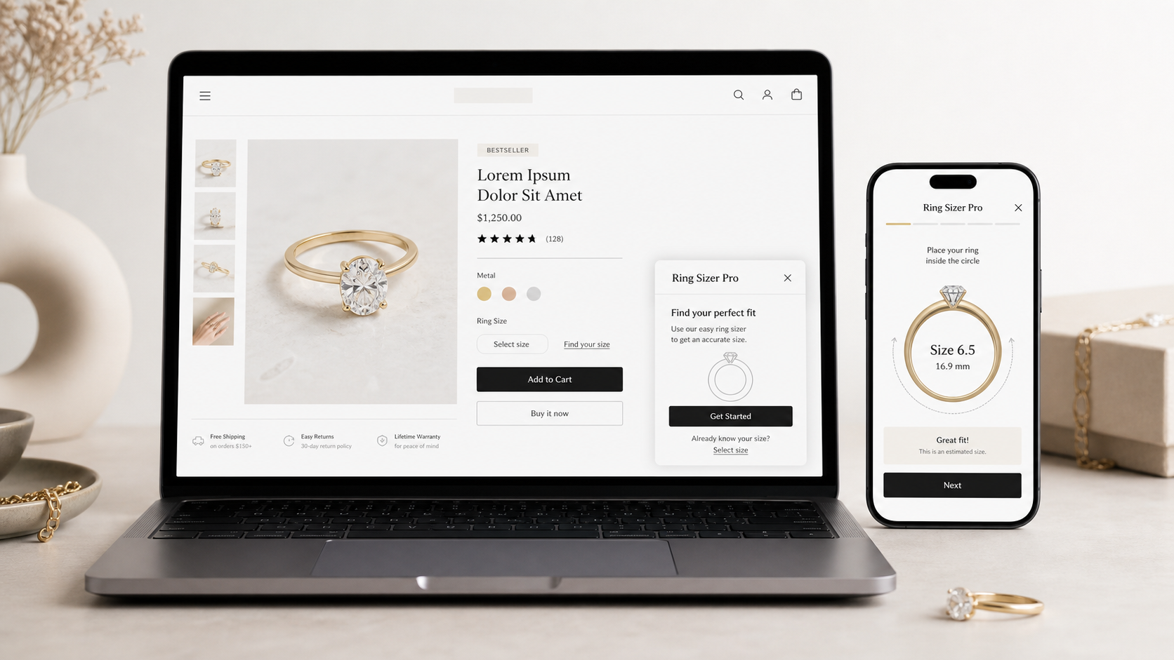 Shopify jewelry product page with Ring Sizer Pro measurement help before checkout