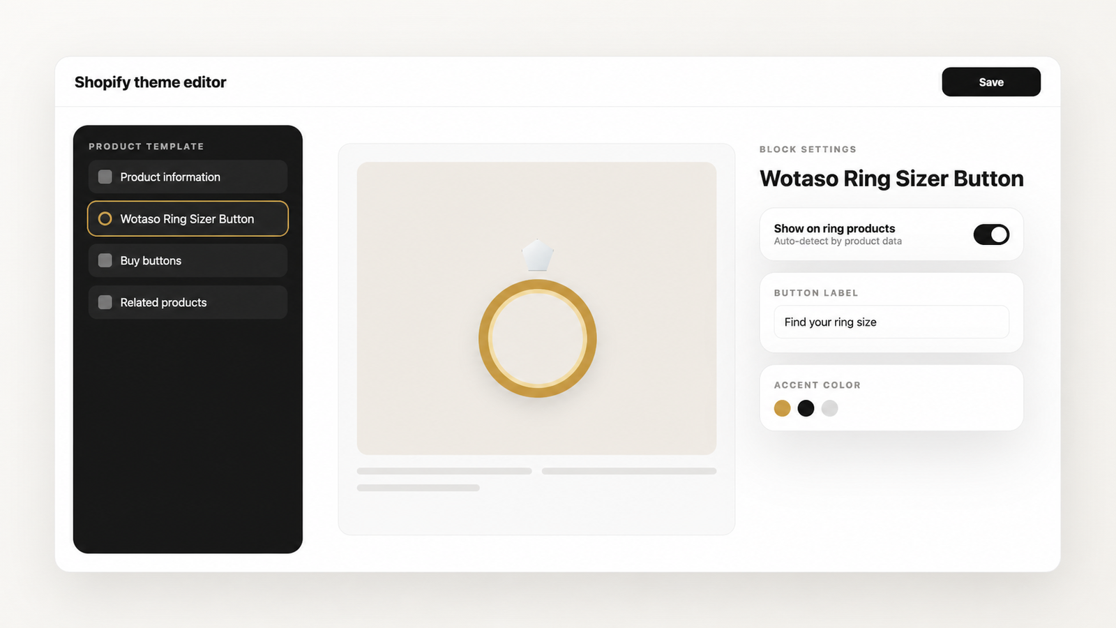 Placing the Ring Sizer Pro app block in Shopify Theme Customizer